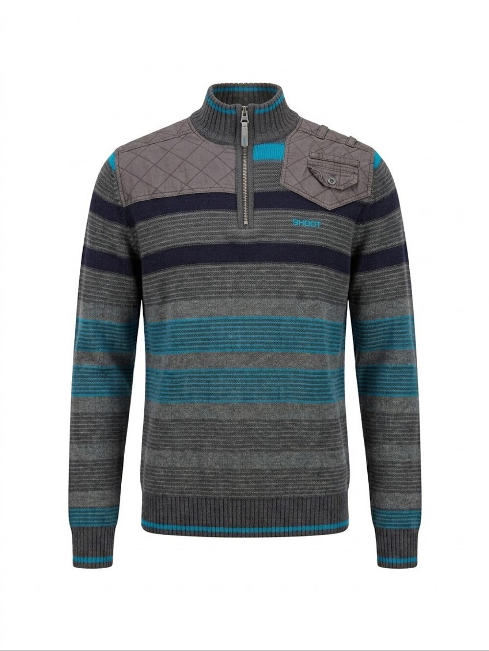 SHOOT Men's Grey Black & Teal Striped Half-Zip Sweater Size Med